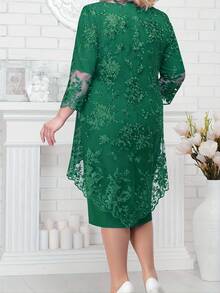 Plus Size Party Dress For Ladies, Bridesmaids, Seniors, Mothers, Grandmothers, Casual, Elegant, Gold, Silver, Wedding Anniversary, Gold, Lace, Two-Piece Dress + Lace Overlay Blouse, Comfortable, Luxury Premium Quality - 綠色 - 查看 2