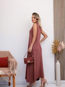 Long Dress In Viscose/Lycra Blend With Side Pockets. - Chocolate Brown - View 5