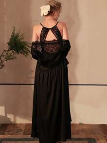 1pc Satin Silk Blend Robe, Women Sexy Lace Pattern Lightweight Luxurious Long Sleeve Sleepwear Loungewear - Multicolor - View 5