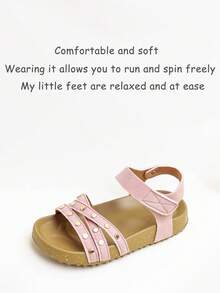 1 Pair Simple Solid Color Casual Hook And Loop Flat Sandals For Girls, Comfortable & Durable, Suitable For Outdoor Activities, Summer - Pink - View 7