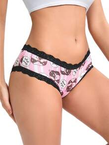 Dircho 8pcs Women's Cute Celestial & Cartoon Pattern Contrast Lace Bikini Panties - Allover Moon/Star/Cartoon Print Silky Soft Comfy Intimates Underwear, Stretch Breathable Elastic Waist Daily Lingerie Set - Multicolor - View 5