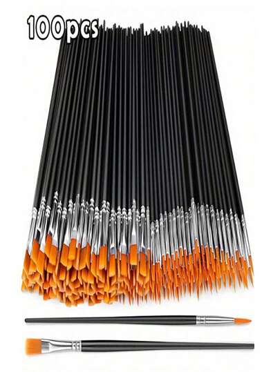 20/100pcs Black Nylon Hair Paint Brushes Set, Flat And Round Tip Acrylic Painting Brushes For Oil Painting, Watercolor, Face Painting, Crafts - Ideal For Acrylic, Oil, Watercolor, Canvas, Rock Painting And Nail Art - Perfect For Artists And Hobbyists