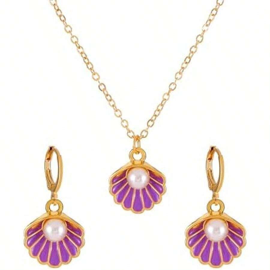 Juego de collar de caracola con aretes de concha púrpura para mujer, aretes de concha de oro con colgante de concha mística, aretes de bruja mística, accesorios de disfraz de Halloween, joyería de - NEGRO - Ver 1