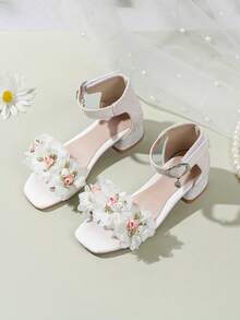 Girls' Lace Flower Pattern Anti-Slip Open Toe Chunky Heel Sandals For Children's Day Cultural Activities - White - View 5