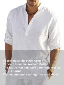 GLESTORE Men's Retro Vintage Coin Style Solid Color Roll-Up Sleeve Mandarin Collar Henley Shirt - Lightweight Breathable Casual Shirt, Classic Washed Cotton, Versatile For All Seasons - White - View 5