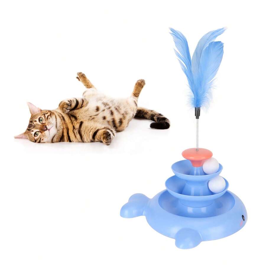 Torre de bolas para gatos de 3 niveles, juguete interactivo con pista desmontable y pluma para que los gatitos hagan ejercicio. - Azul - Ver 1