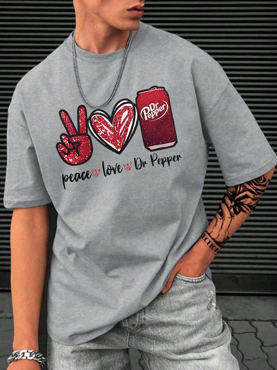 Men's Loose Fit Heart & Cheers Graphic Round Neck Short Sleeve T-Shirt | Stylish Design | Summer Essential | Easy To Match - Grey - View 1