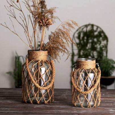 1pc Rustic Glass Mason Jar With Jute Rope, Can Be Used As Dried Flower Vase, Farmhouse Home Decor, Wedding Centerpiece, DIY Craft, And Candle Holder/Room Decor