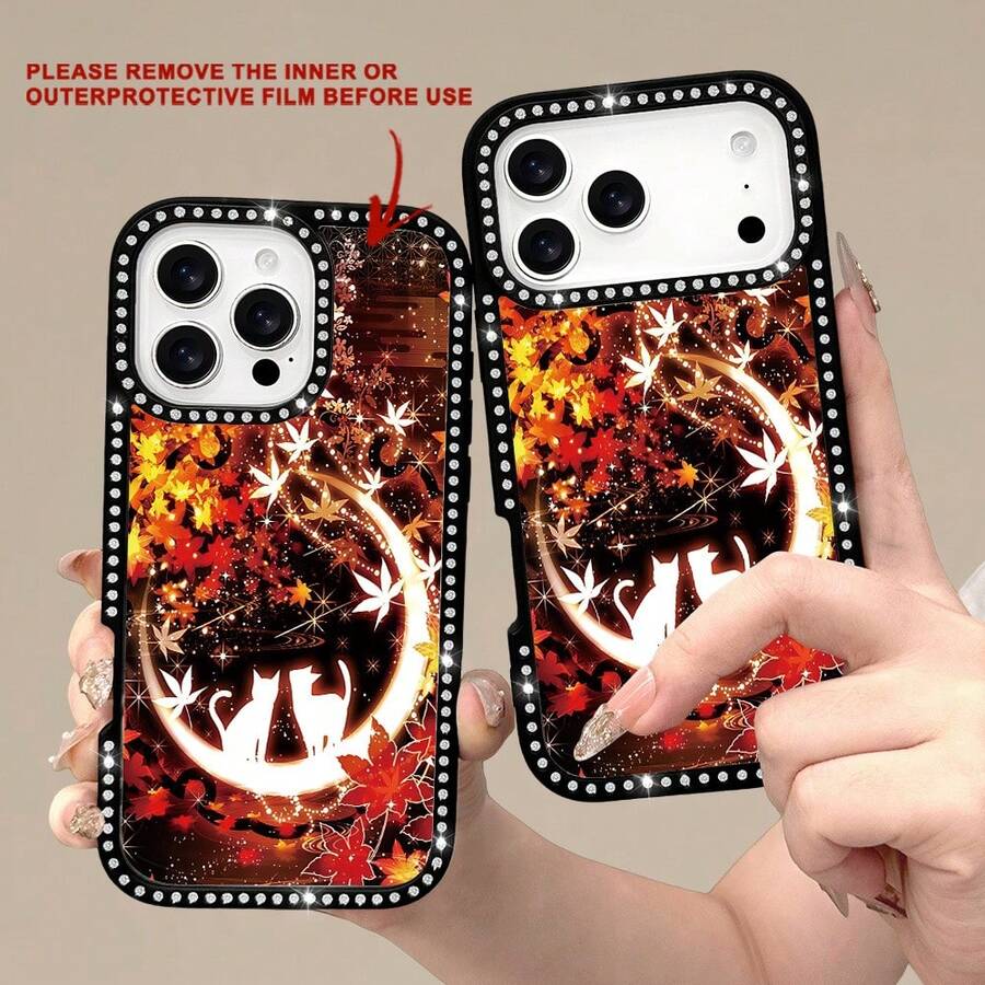 Custodia per telefono: Autunno Paesaggio Motivo Gatto Custodia per telefono, Incastonatura di diamanti su entrambi i lati, Custodia posteriore morbida e rigida, Guscio trasparente, Adatto per IPhone 17/16/15/14/13/12/11 Plus/Pro/Max/Pro Max - Design alla moda creativo per uomo - Rosa - Visualizzare 1