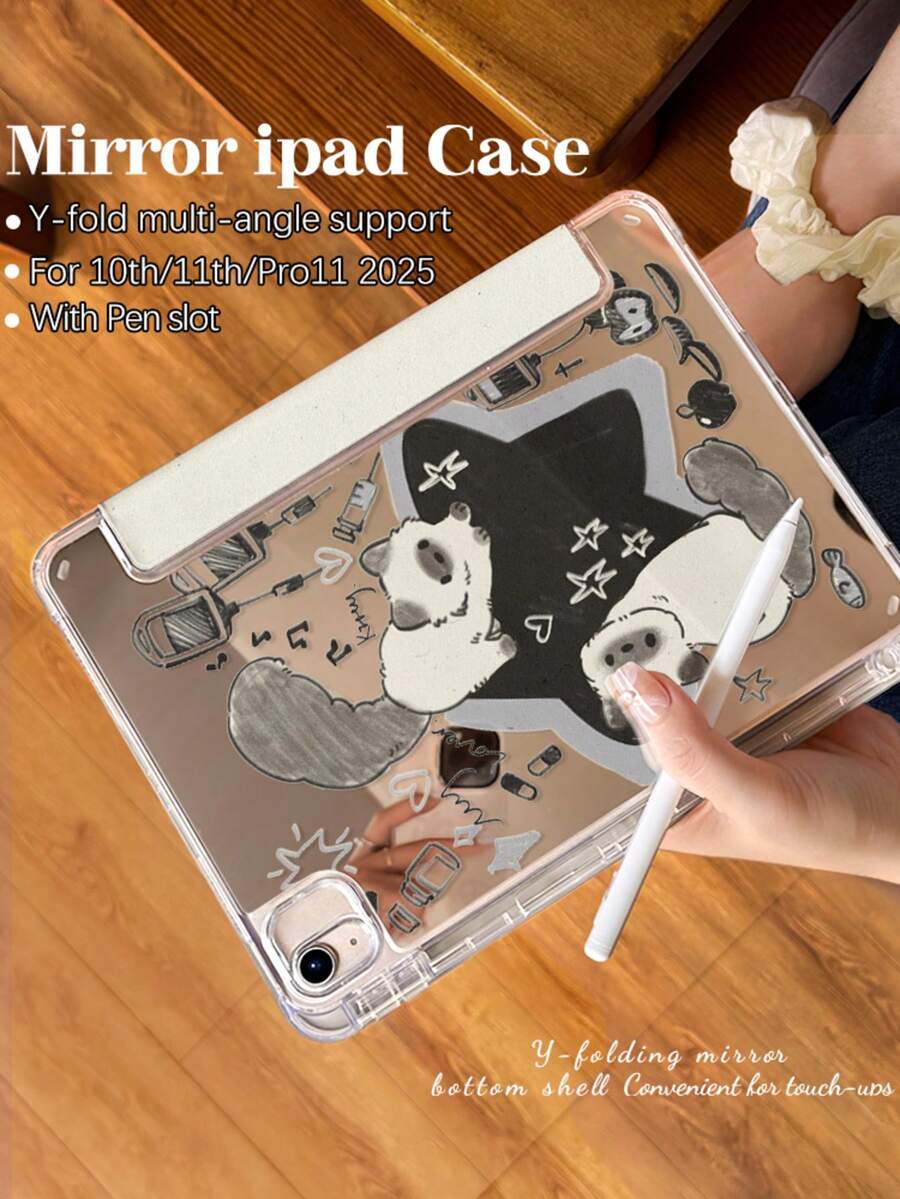 1个双面高清星猫图案平板电脑保护套，适用于iPad 10/9/11（2025、2026新款），带镜头盖，自动唤醒/睡眠功能，Y型折叠多角度支架带笔槽，办公学习必备，非磁性