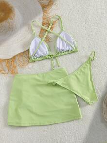 New Fresh And Simple Style Green Lace-Up Back Fashion Holiday Beach Ladies Bikini Three Pieces Set - Lime Green - View 2