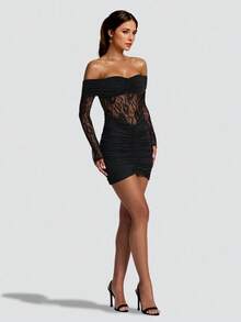 Solid Color Sexy Elegant Lace Backless Ruffle Lace Patchwork Beach Wedding Party Formal Evening Homecoming Dress - Black - View 7