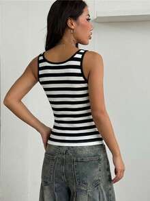 黑白罗纹女士吊带背心，夏季上衣，罗纹弹力修身性感休闲打底衫 - 黑與白 - 查看 2