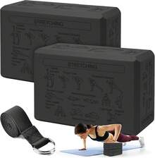 Bloques de Yoga con Guía de Posturas en  Lados, Bloques De Yoga  Foam con Correa de Estiramiento, Alta Densidad y Antideslizantes, Bloque para Yoga, Pilates y Meditación - Negro - Ver 12