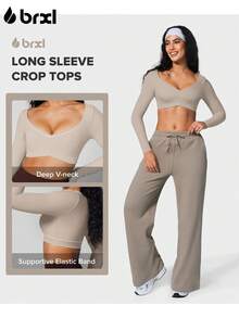 BRXL Long Sleeve Crop Tops For Women Built In Bra Padded Yoga Shirts Deep V Neck Buttery Soft Slim Fit Workout Pilates Gym - 棕色 - 查看 3