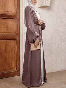 Women's Solid Color Elegant Satin Puff Sleeve Abaya Robe Cardigan + Belt, No Headscarf No Inner Wear, Quick Ship - Camel - View 3