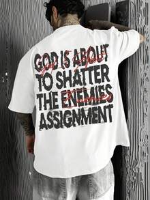 One Wave 男士休闲百搭个性化英文标语多字母元素印花短袖T恤 - 白色 - 查看 1