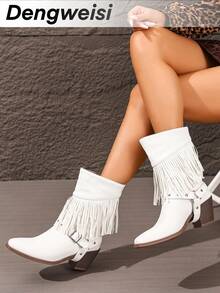 白色西部靴，饰有波西米亚流苏，搭扣带，套穿式，粗跟，方头，百搭，优雅街头风，欧美时尚女靴 - 白色 - 查看 2