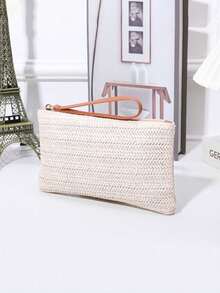 1件装时尚女士草编链条手提包 - 大容量，草编包 - 拉链封口托特包，编织手机零钱包，拉链封口，带编织手柄，涤纶衬里，可收纳手机、钥匙、零钱 - 休闲沙滩包，日常购物包，天然编织设计，彩色绳带，旅行配件，波西米亚风格 - 彩色 - 查看 8