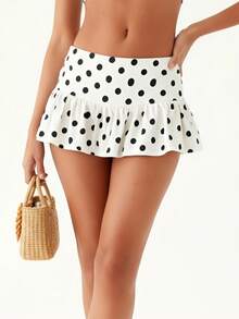 Women Mini Skort Fashion Dot Print Ruffle Hem Low Rise Summer Beach Going Out Skirt - White - View 5