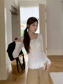 Polka Dot Frill Trim Long Sleeve T-Shirt For Women, Bowknot Tie Design, Slim Fit Round Neck Undershirt - White - View 4