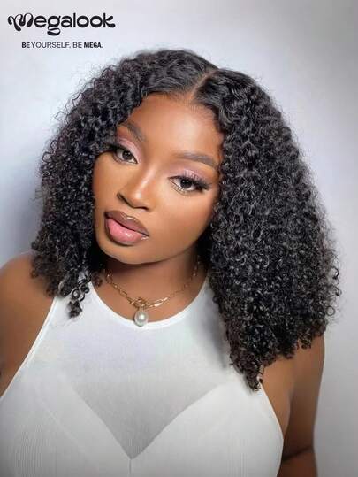 MEGALOOK 13x4蕾丝前置波波头假发，卷发造型，100%真人发短款波波头假发，150%密度，透明蕾丝，自然色蕾丝前置，100%原生真人发假发，适合女性日常佩戴，圣诞节分缝发型，度假必备，周日最佳发型，婚礼造型，约会之夜魅力假发，返校季必备