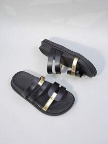 Adjustable Buckle Kids Slippers | Unisex Toddler/Little Kids Soft EVA Non-Slip Slides | Simple Open Toe Flat Sandals, Suitable For Daily Home/Beach/Casual Wear - Black - View 4