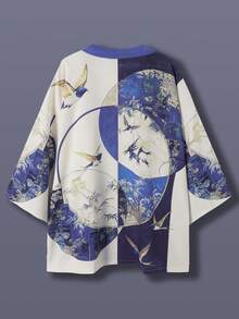 日式印花和服开衫，宽松复古樱花和服外套，男女皆宜的轻便休闲外套，适合春夏穿着，也适合街头穿搭、旅行、海滩、音乐节、团体演出和度假等场合。 - 藍色 - 查看 2