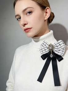 1枚冬季风格水钻合金超大领结胸针，黑色领结衬衫配饰，适合日常佩戴，优雅超大领结胸针别针