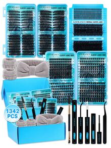 1342PCS/608PCS/384PCS/350PCS Lash Clusters Kit D Curl 11 Styles Mix10-18mm Cat&Doll/Spikes/Wispy/Volume Lashes Kit With Bond&Seal Lash Remover Lash Brush Lash Applicator Headband Wristband Set, Perfect For Beginners&Proficient, DIY At Home Easily - màu đen - Xem 13
