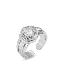 女士时尚开口戒指，冷调金属风格镶嵌银戒指 | 菱形/方形3D造型，可叠戴时尚关节戒指 - 彩色 - 查看 17