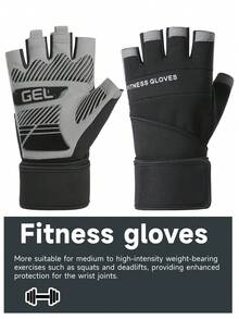 1 par de guantes sin dedos para fitness con soporte extendido de muñeca, palma antideslizante, unisex - Negro - View 10