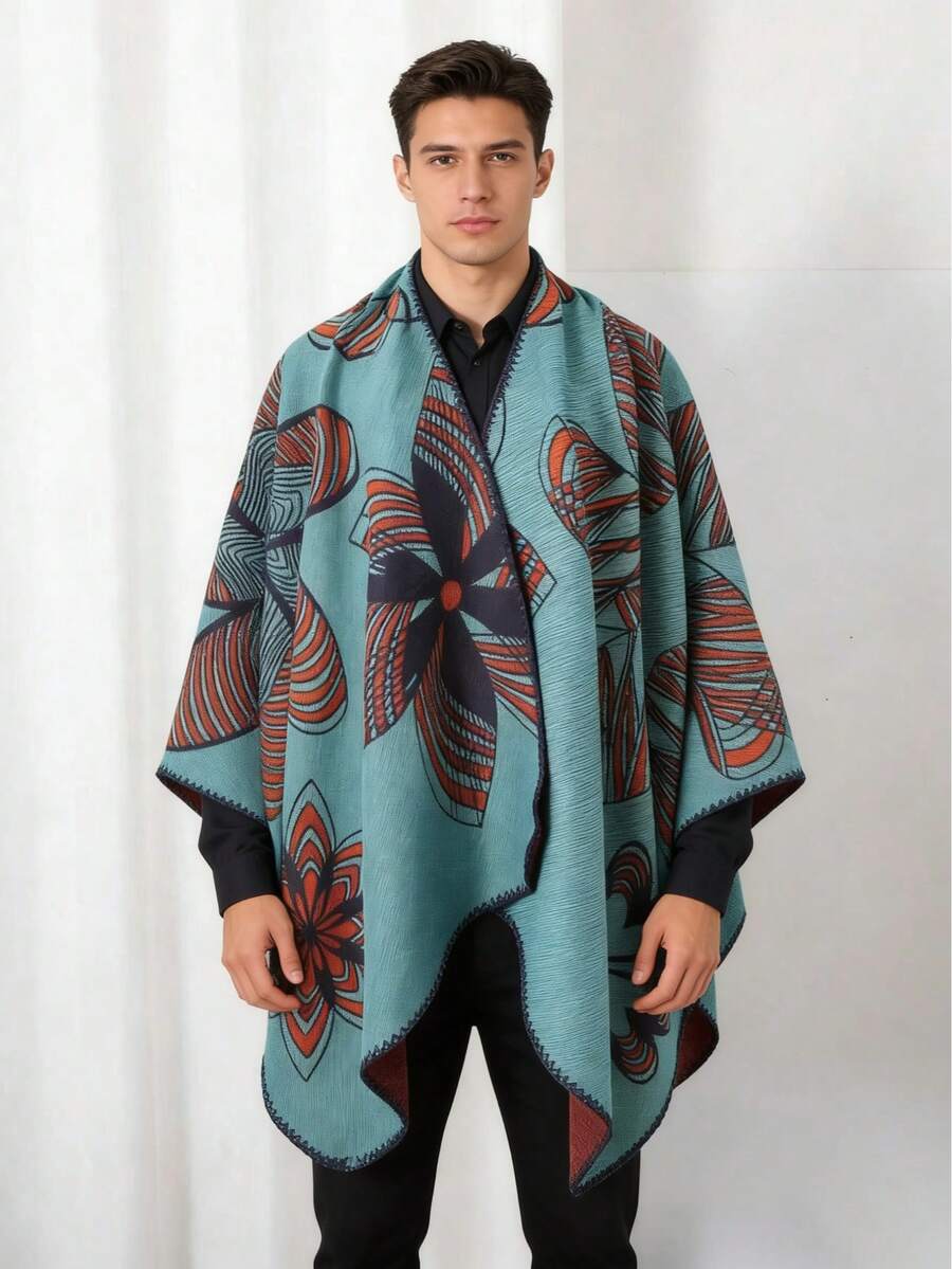 1件男士极简几何图案开衩披肩围巾 - 彩色 - 查看 1