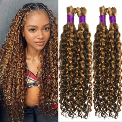 ZHENDEFA 1 Bundle/Pack 90g Loose Wavy Human Hair Extensions, Bohemian Style, 4/27 Ombre Gradient Curly Hair, Tangle-Free, 12A Brazilian Ombre Braiding Hair
