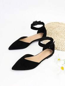 Elegant Women's Spring Ankle Strap Ballet Flats, Pointed Toe Buckle Decor, Suitable For Office Commute And Daily Wear - Black - View 2