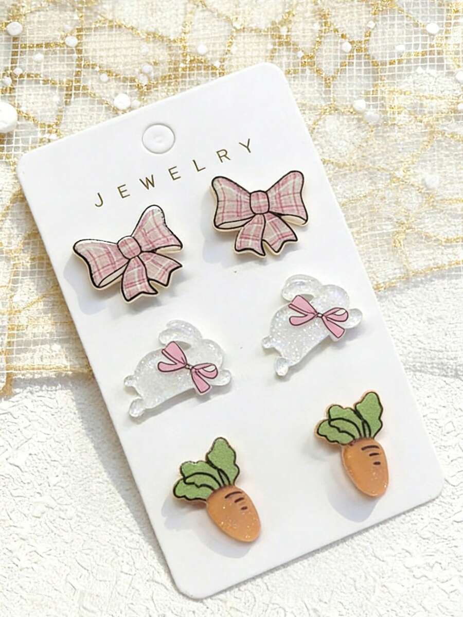 6pcs Easter Earrings, Featuring Bow, Rabbit, And Carrot Designs. These Sweet And Cute Earrings Are Perfect For Women To Wear To Easter Parties Or Banquets, And Make A Great Easter Gift For Family And Friends. - Multicolor - View 1
