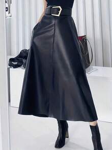 Falda de cuero PU de cintura alta de unicolor para mujer, falda elegante de línea A, falda casual negra, falda de cuero para citas, falda negra, falda para fiesta, falda de cumpleaños para mujer, ropa de invierno - Negro - Ver 2