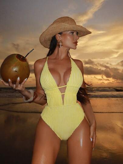 Suntide浅黄色纹理露背深V连体泳衣，沙滩度假泳装