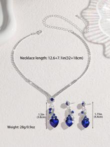 3pcs/Set Exquisite Women's Jewelry Set, Featuring Elegant Teardrop Pendant, Luxurious Design, And Sparkling Diamonds, Overall In Blue Tone. The Set Includes A Heart-Shaped Necklace, Perfect For Parties, Celebrations, Daily Wear, And As A Thoughtful Gift. - Blue - View 4