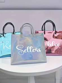 Personalized Holographic Gift Bag, Customizable Name Text, Multi-Color Glitter, Personalized Valentine's Day Gift Packaging Bag, Available In Pink, Purple, Blue, Green, Teal, Suitable For Weddings, Birthdays, Parties, Durable Plastic Tote Bag With Name Tag - Multicolor - View 8