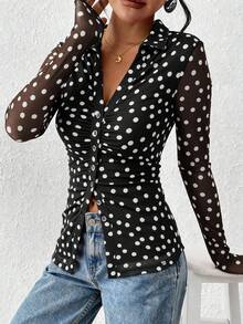 Women Button Down Floral Shirts  Fall Long Sleeve V Neck Ruched Fitted Mesh Blouse Tops Date Outfits Valentine's Day Vacation Fall Clothes For Women - Black Background With White Polka Dots - View 3