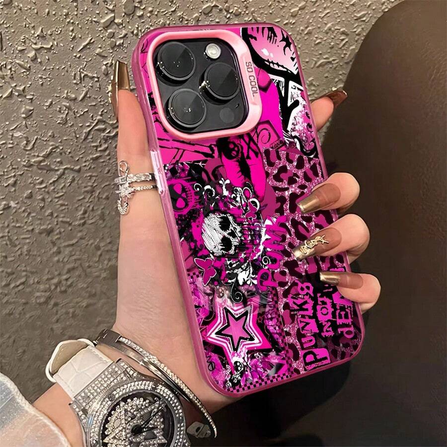 1pcs Punk Skull Leopard Print Phone Case Compatible With Apple Phone 17 15 11 12 14 13 16ProMax X 7plus 8plus Xs Max XS Antidrop Phone Case Silicone Vintage Funky Personality Cute Fashion Can Be Given To Friends You Can Give It To Yourself - 粉色 - 查看 1