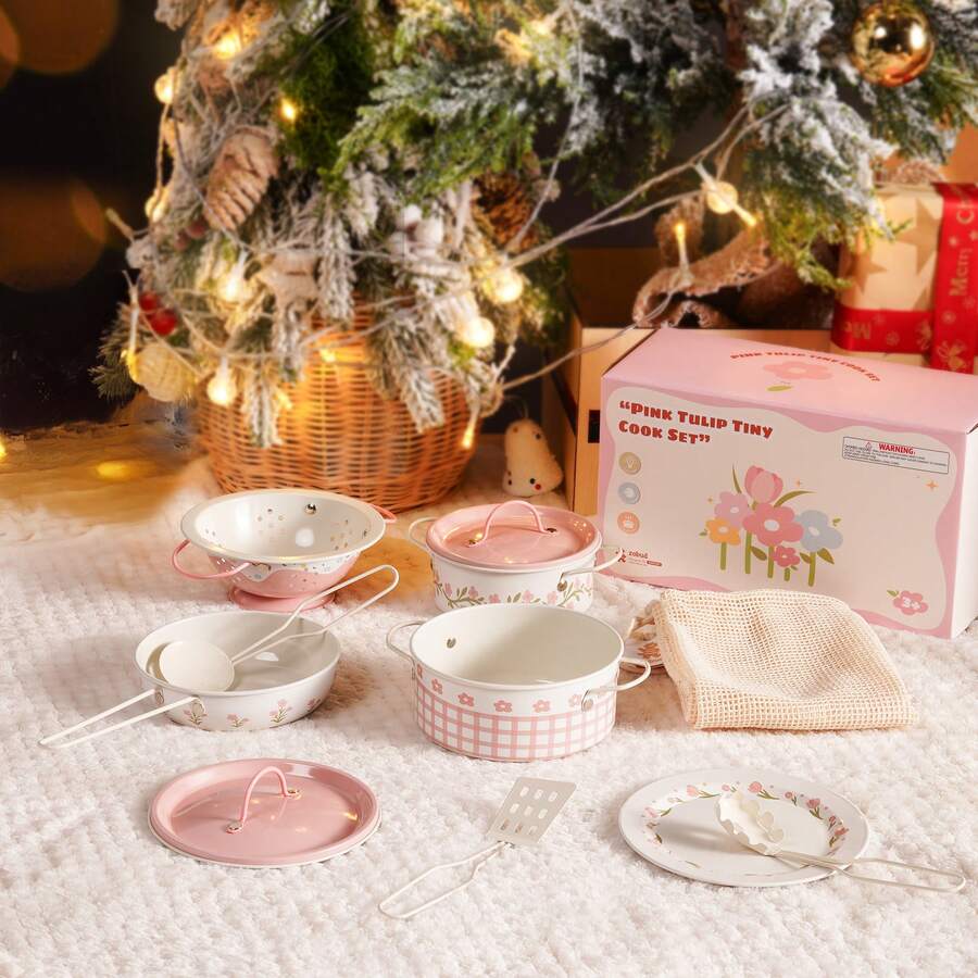 Robotime ROBUD Kids Metal Cookware Toy Set – Mini Simulation Kitchenware Set, Including Stove And Tableware, Suitable For Children Aged 3 And Up, Creating Your Own Exclusive Kitchen Game, Available In Pink, Blue, And Yellow - 粉色 - 查看 1