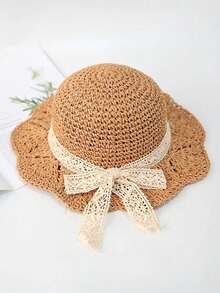 1顶儿童草编遮阳帽，适合1-2岁幼儿 - 透气编织扇形帽檐，带蕾丝蝴蝶结，甜美夏季沙滩/度假防晒帽 - 1PC - 查看 3