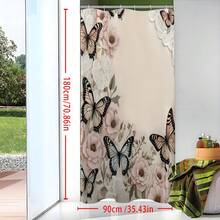 1 pieza Cortina de ducha con estampado de mariposa rosa - 100% tela de poliéster, lavable a máquina, decoración de baño para todas las estaciones, patrón vibrante de flores y mariposas, adecuado para baños modernos, fácil instalación, accesorio de baño de otoño, esencial para volver al colegio - Multicolor - Ver 3