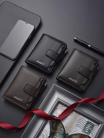 复古竖款拉链男士短款钱包，大容量小三折零钱包卡包