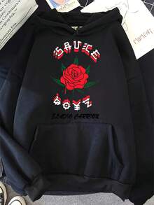 Sudadera con capucha casual para mujeres, moda al aire libre, regalos de vacaciones, sudadera casual para mujeres con rosa roja y diseño geométrico, sudadera gris con bolsillo canguro, mezcla de poliéster suave, ajuste cómodo para todas las estaciones, sudadera casual de ajuste relajado, sudadera de mezcla de poliéster - Negro - Ver 1