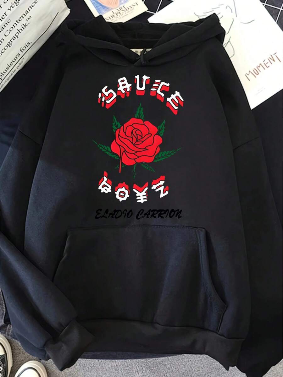 Sudadera con capucha casual para mujeres, moda al aire libre, regalos de vacaciones, sudadera casual para mujeres con rosa roja y diseño geométrico, sudadera gris con bolsillo canguro, mezcla de poliéster suave, ajuste cómodo para todas las estaciones, sudadera casual de ajuste relajado, sudadera de mezcla de poliéster - Negro - Ver 1