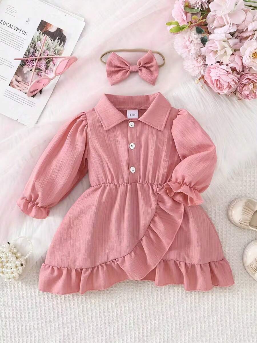 This Baby Pink Long-Sleeved Dress With Ruffle Details And A Matching Headband Is Suitable For Various Occasions Such As Casual Outings - Pink - View 1