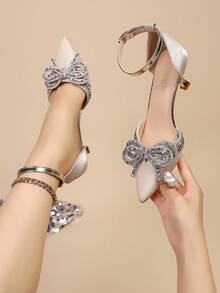 Zapatos de tacón alto con rhinestones y lazo para boda, elegantes, bombas para mujer, atuendos de fiesta, Otoño/Invierno 2025 - Beis - Ver 8